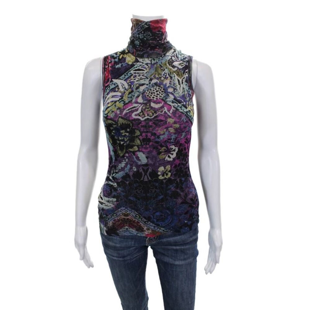Fuzzi Women Basic Floral Turtleneck Sleeveless Tank Multicolor Size XS